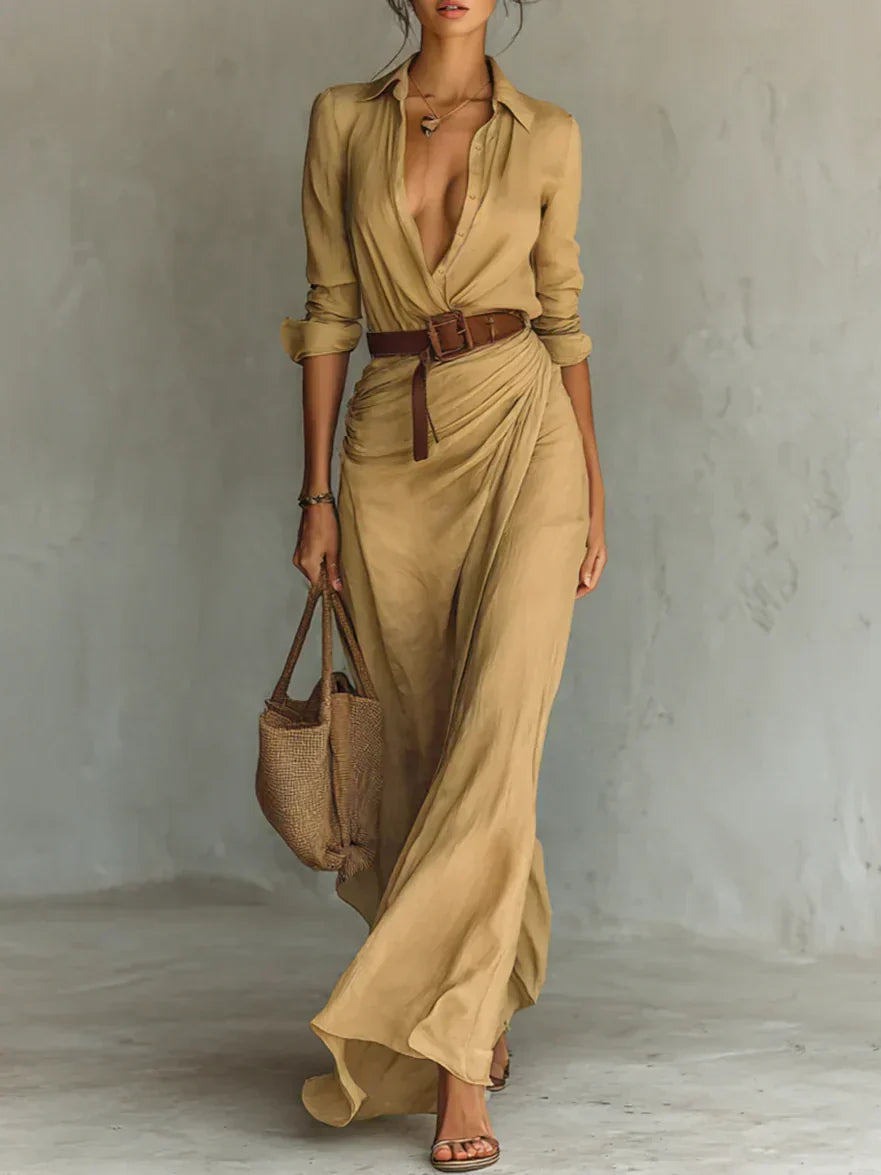 Camille™ | Maxi Abito con Rever e Cintura in Vita