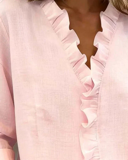 Inés | Blusa con Volantes, Escote en V y Manga Larga