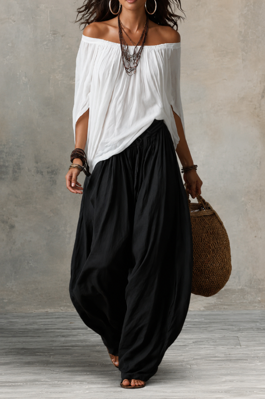 Freja | White Set with Off-Shoulder Top and Lantern Trousers