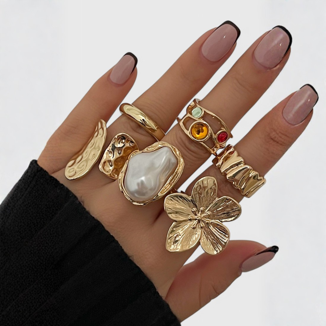 Montserrat | Conjunto de Anillos Dorados Mujer Perla