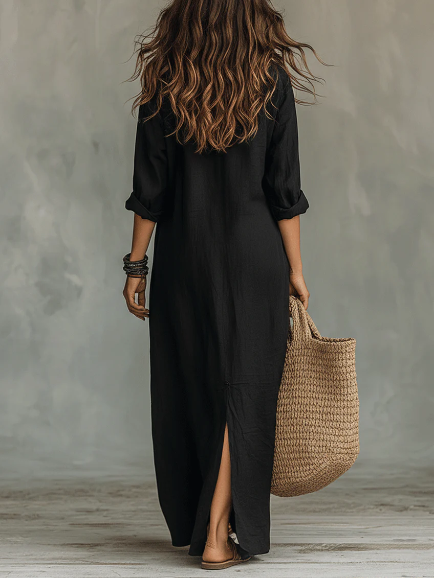 Soline™ | Abito Maxi Nero Lungo con Bottoni
