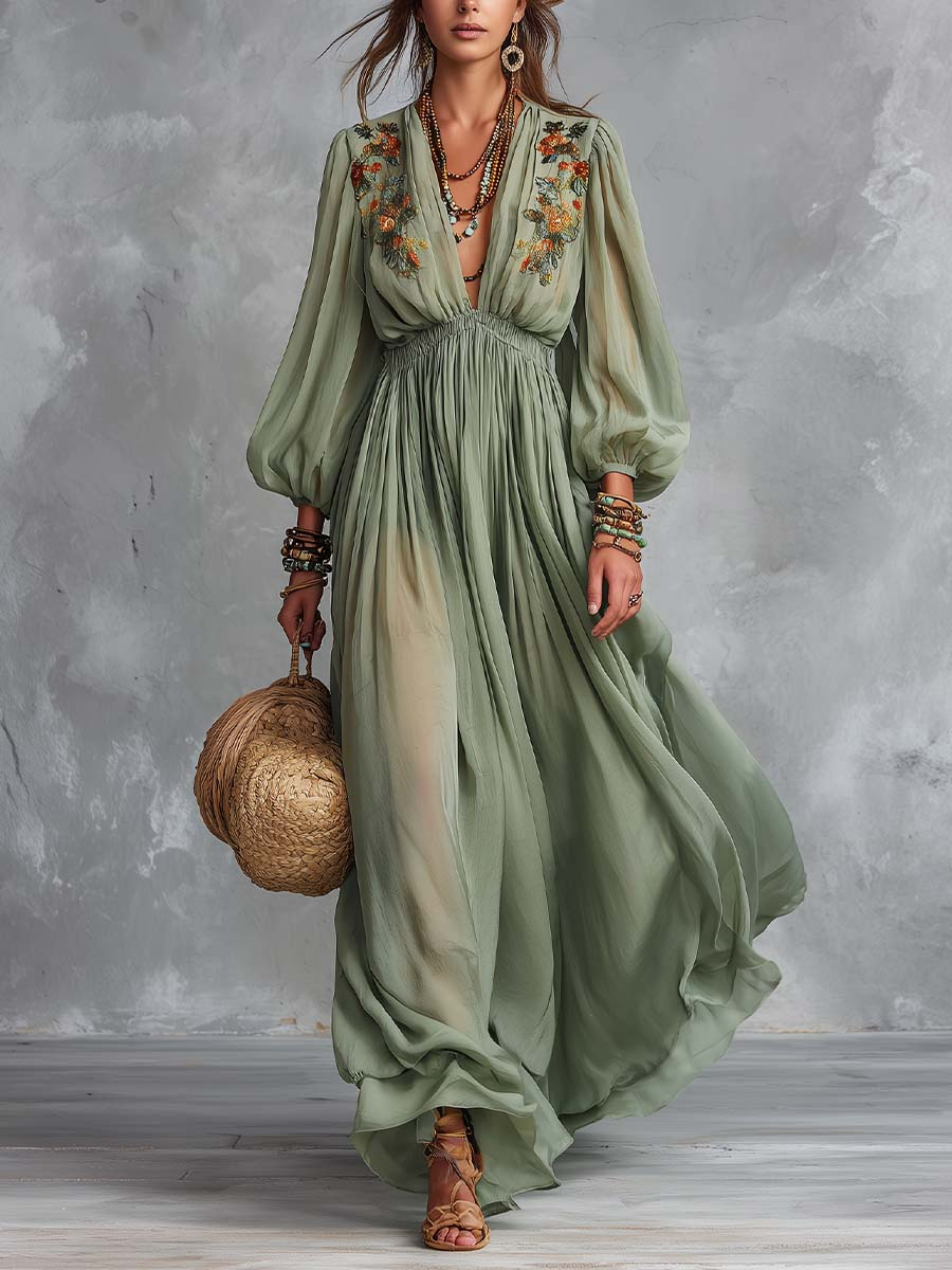 Élodine™ | Abito Maxi Bohemien con Stampa Floreale