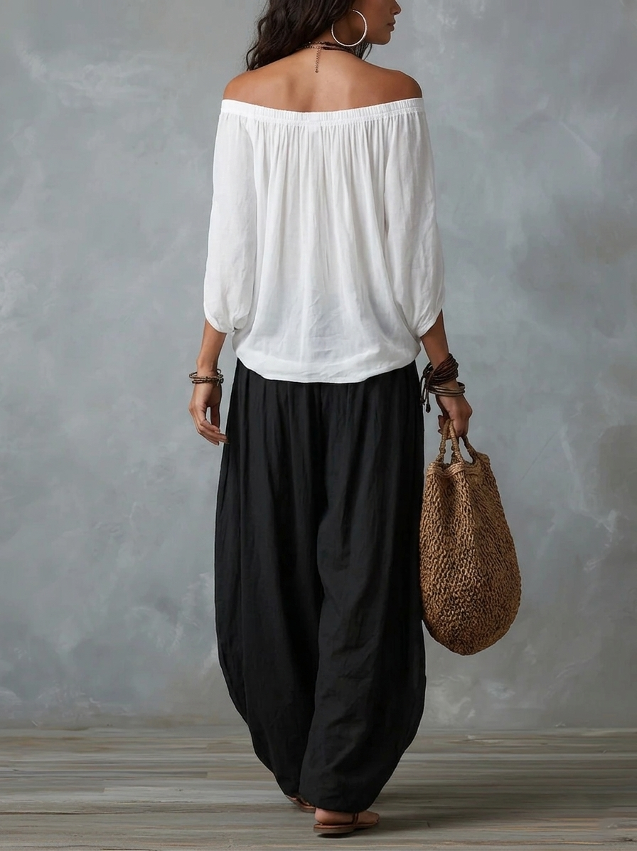 Freja | White Set with Off-Shoulder Top and Lantern Trousers