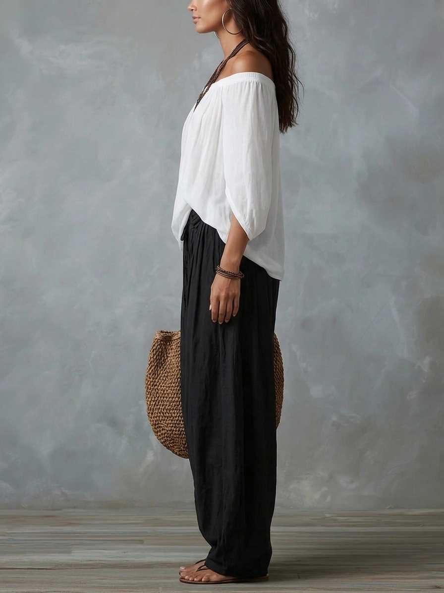 Freja | White Set with Off-Shoulder Top and Lantern Trousers