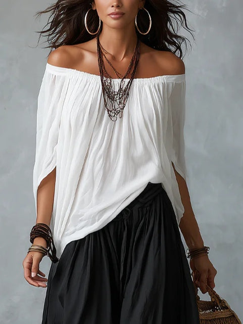Freja | White Set with Off-Shoulder Top and Lantern Trousers