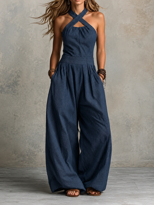 Bianca | Jumpsuit i Lin och Bomull med Elegant Korsad Urringning