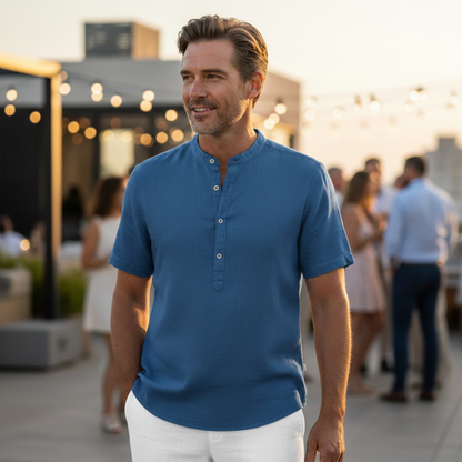 Lucas | Camisa de Lino Hombre de Manga Corta con Cuello Mao