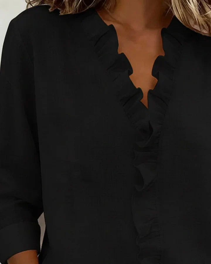 Inés | Blusa con Volantes, Escote en V y Manga Larga