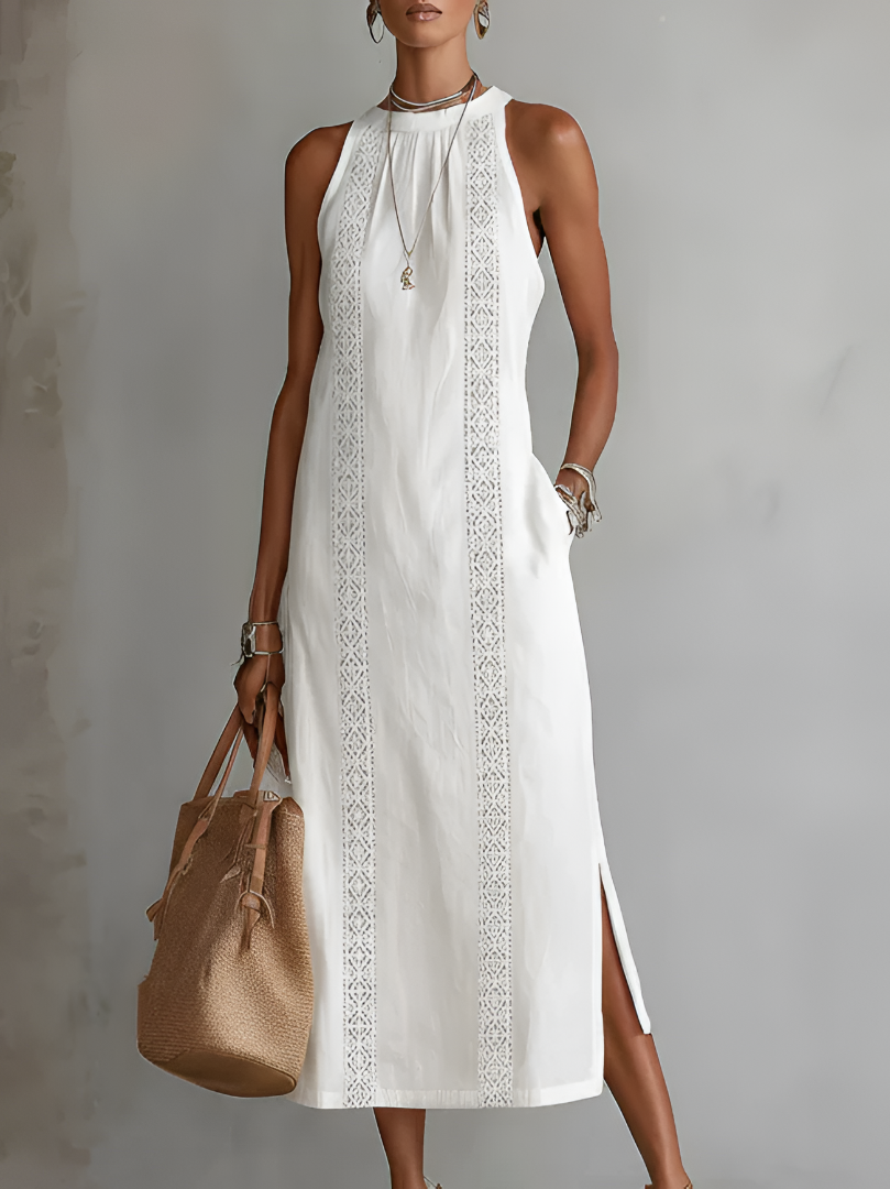Tatiana | Abito Midi in Lino con Collo Mao