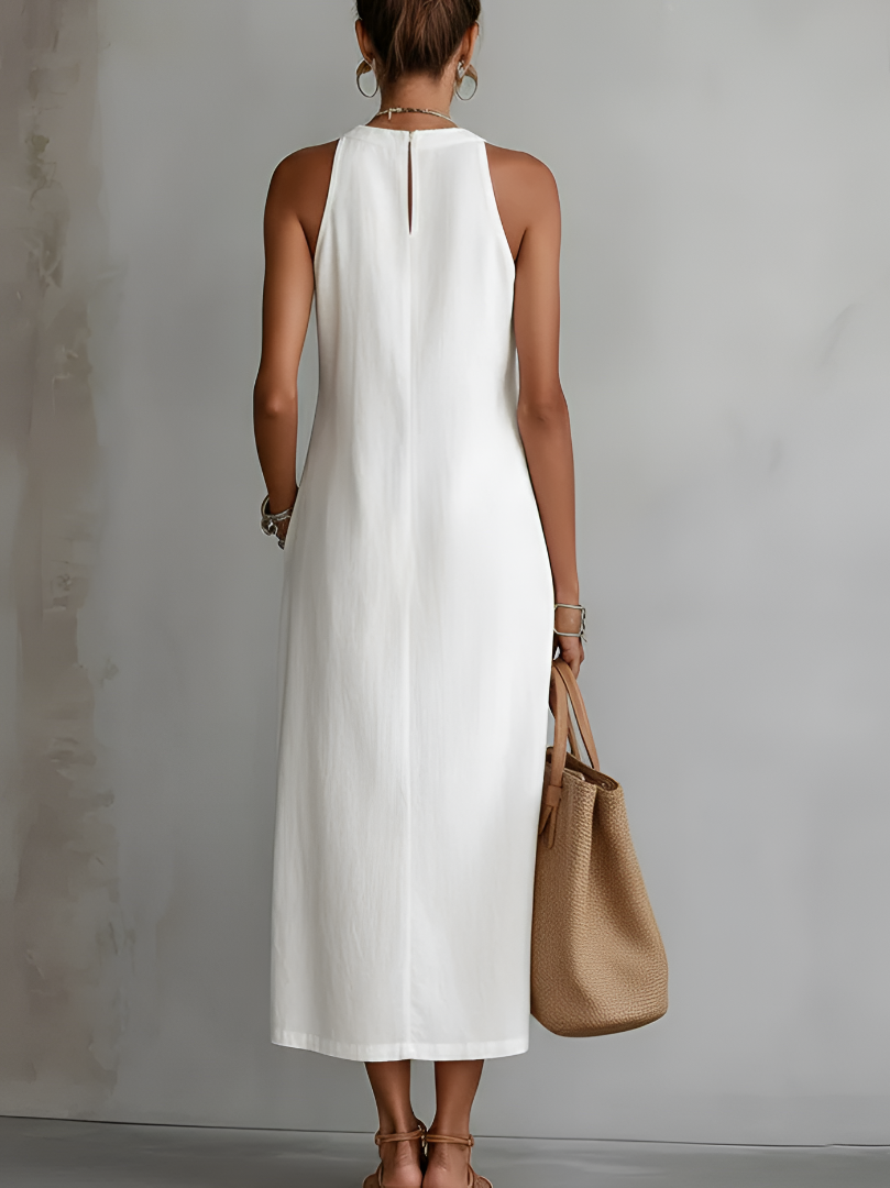 Tatiana | Abito Midi in Lino con Collo Mao