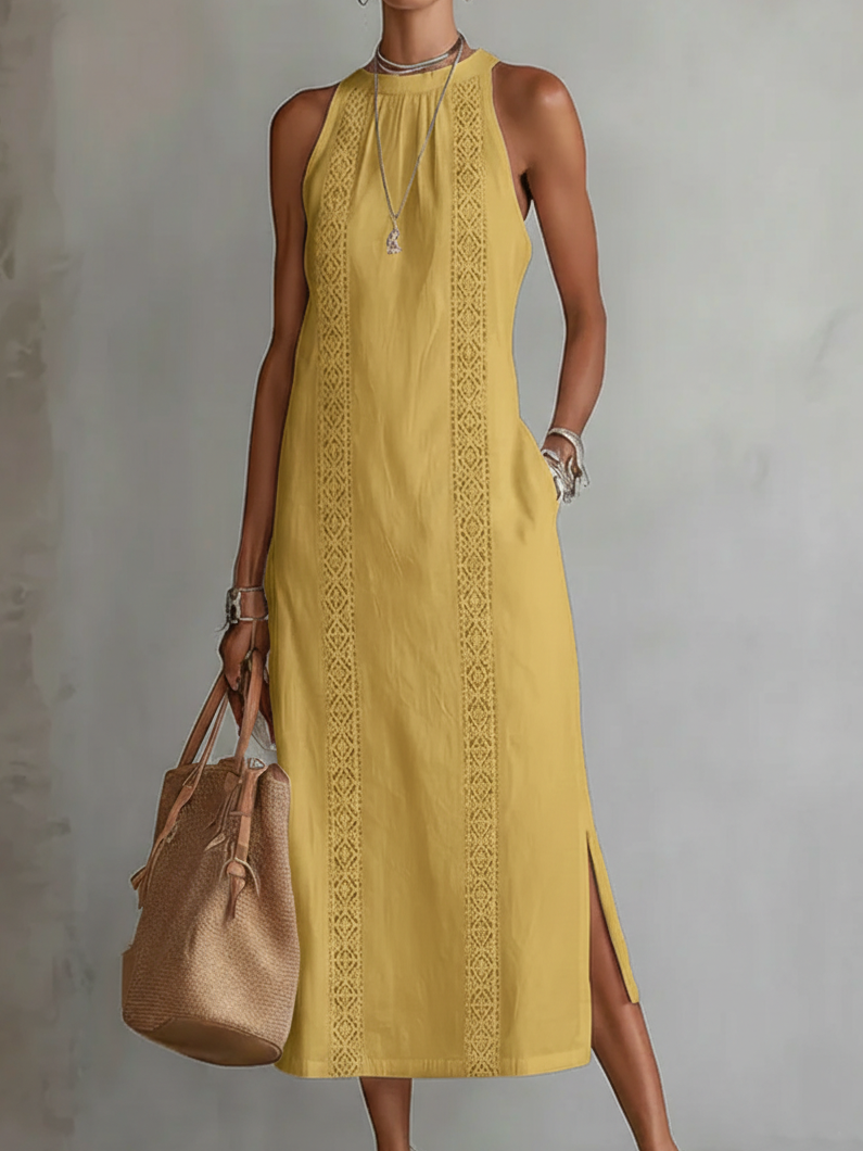 Tatiana | Abito Midi in Lino con Collo Mao