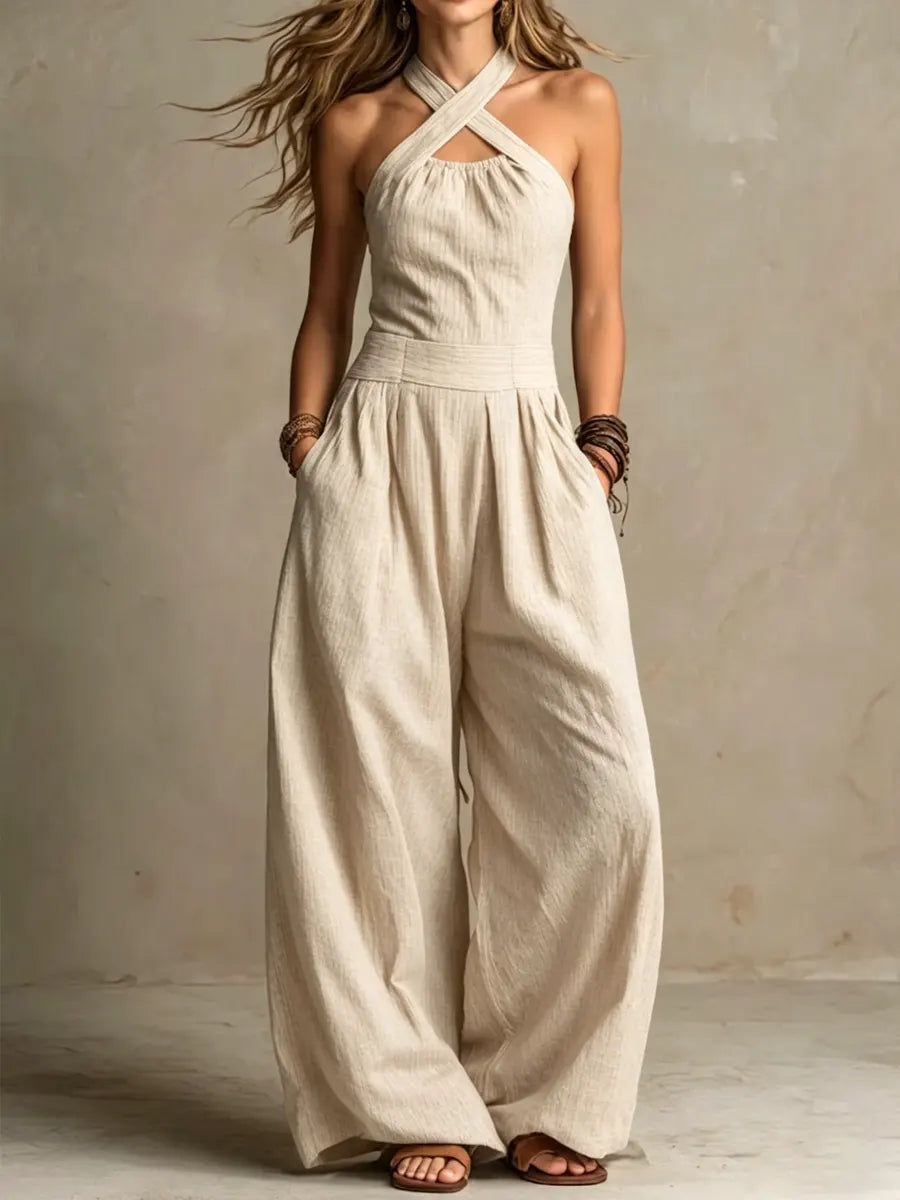 Bianca | Jumpsuit i Lin och Bomull med Elegant Korsad Urringning