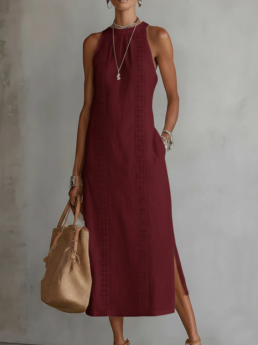 Jimena | Abito Midi in Lino con Collo Mao