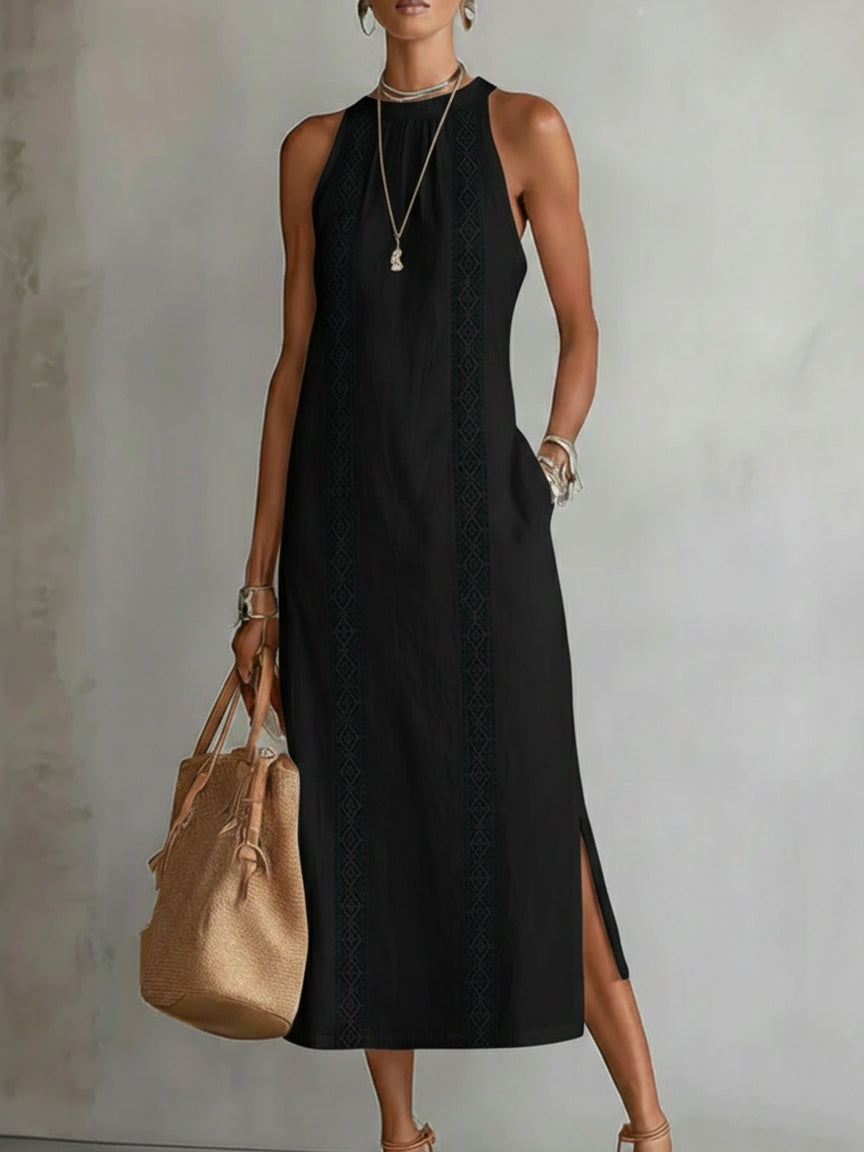 Tatiana | Abito Midi in Lino con Collo Mao